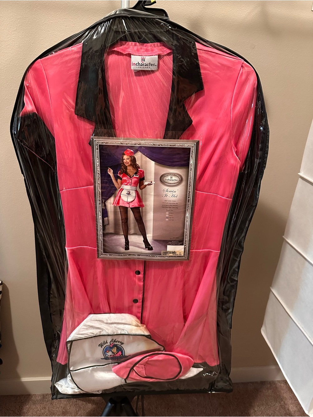 Pink and black waitress costume. Includes hat and apron.